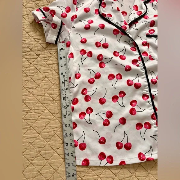 kate spade Cherry Print Satin Feel Pajama Set in Red and White with Black Trim - Picture 5 of 16